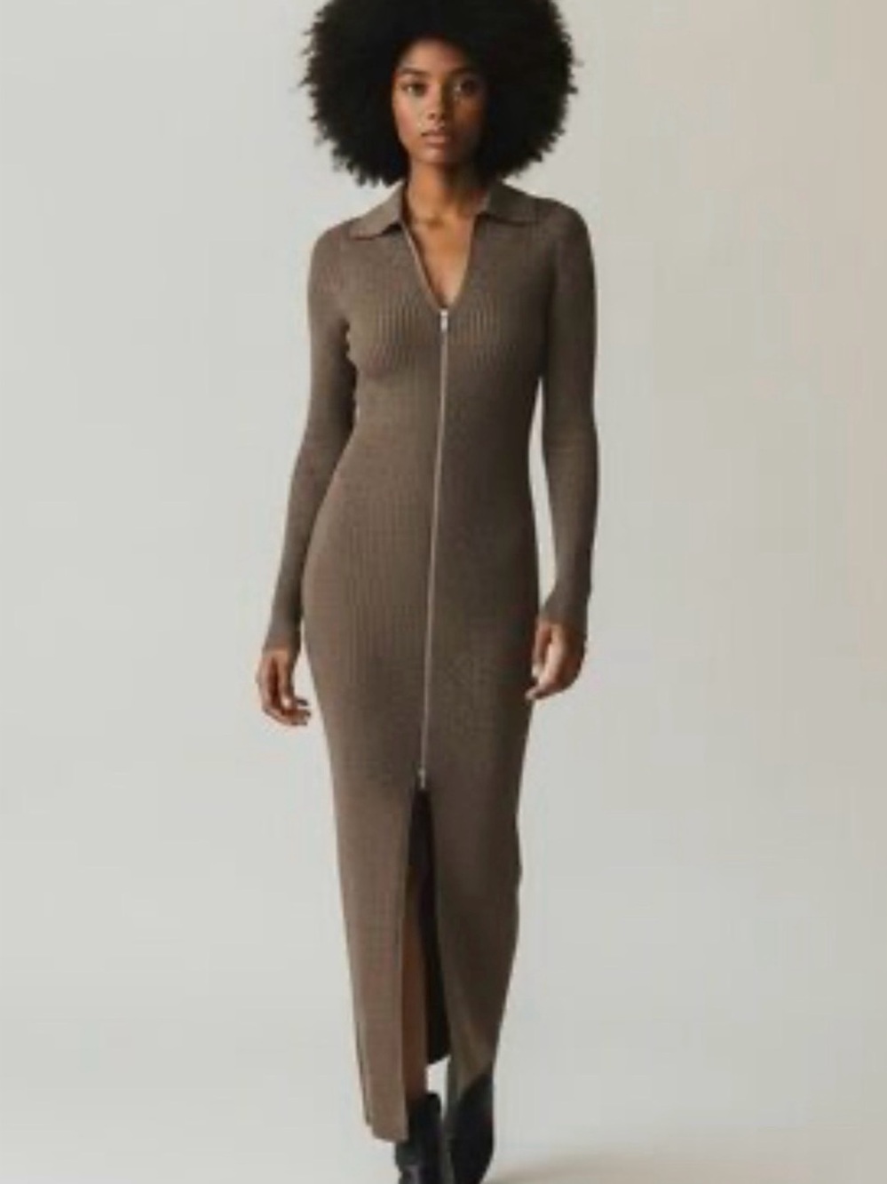 Anthropologie Ribbed Cardigan Dress Brown Shimmer Long Sweater Zip Dress Medium